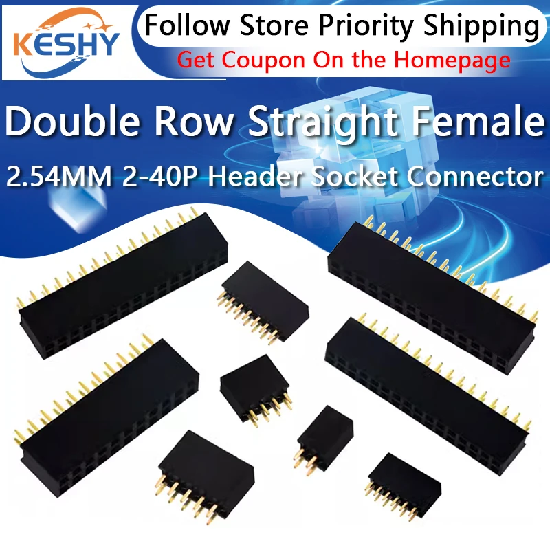 10pcs 2.54mm Double Row Straight Female 2-40P Pin Header Socket Connector 2x2/3/4/5/6/7/8/9/10/12/14/16/18/20/25/30/40Pin