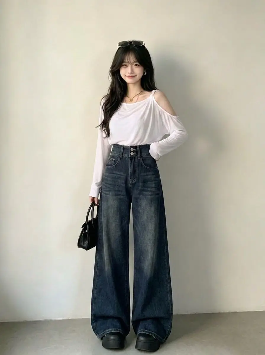 High Waist Wide Leg Double Buckle Floor-Length Women's Jeans Street Fashion Spring Autumn Design Slimming Effect