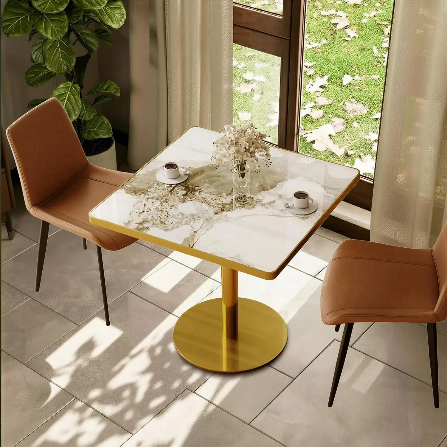 

Квадратный обеденный стол Tulip 31,5 дюйма с столешницей из спеченного камня под мрамор 1,2 дюйма, каркас из матового золота, для кухни, кафе, патио, на 2-4 места, на заказ