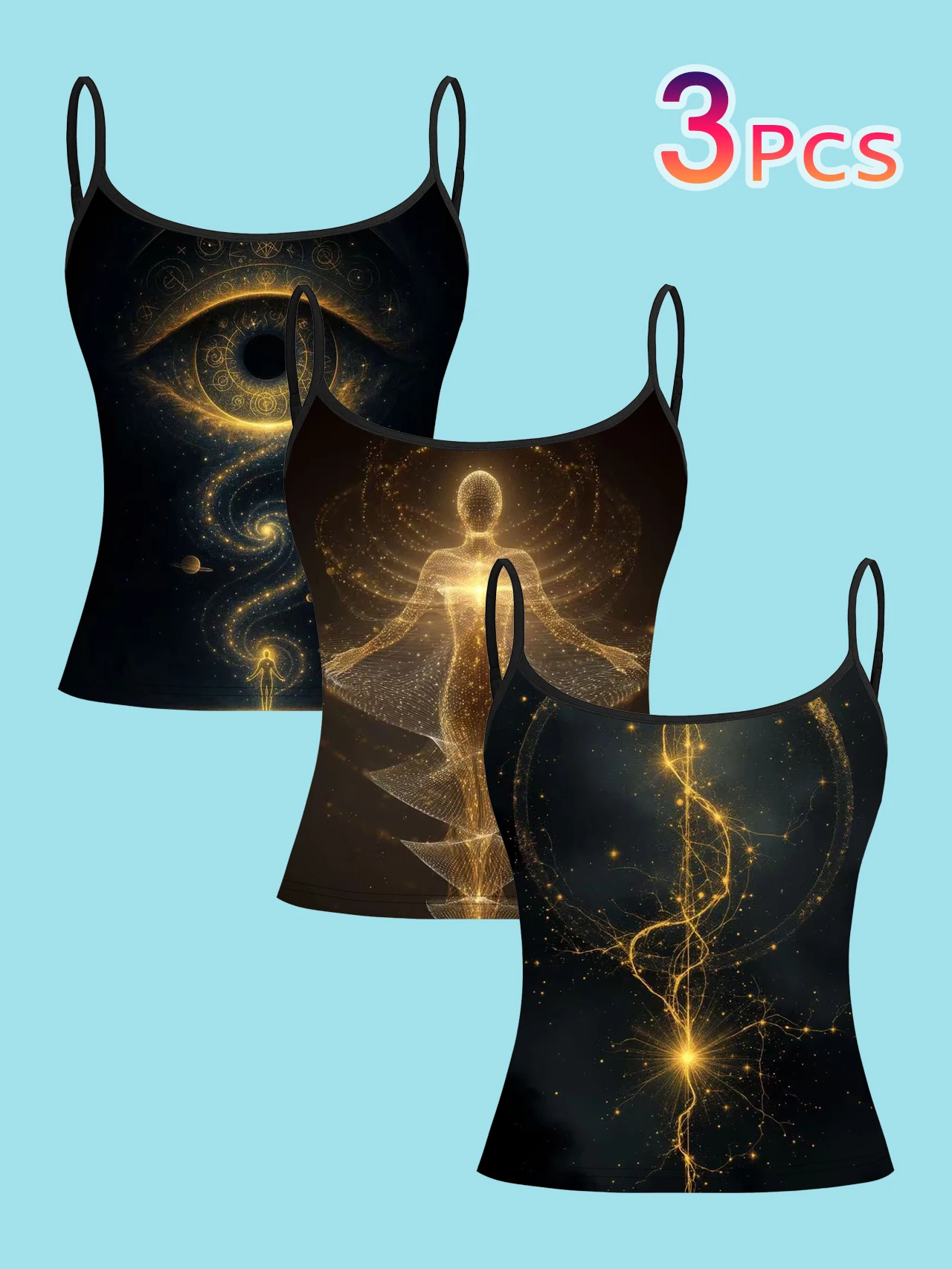 3-Piece Set of Black and Gold All-Seeing Eye Spiritual Chakra Printed Thin Camisole Tops, Cosmic Starlight Energy Mysticism Slim-Fit Sleeveless Tops, Meditation Healing Inner Wear and Outerwear Base Layer Shirts