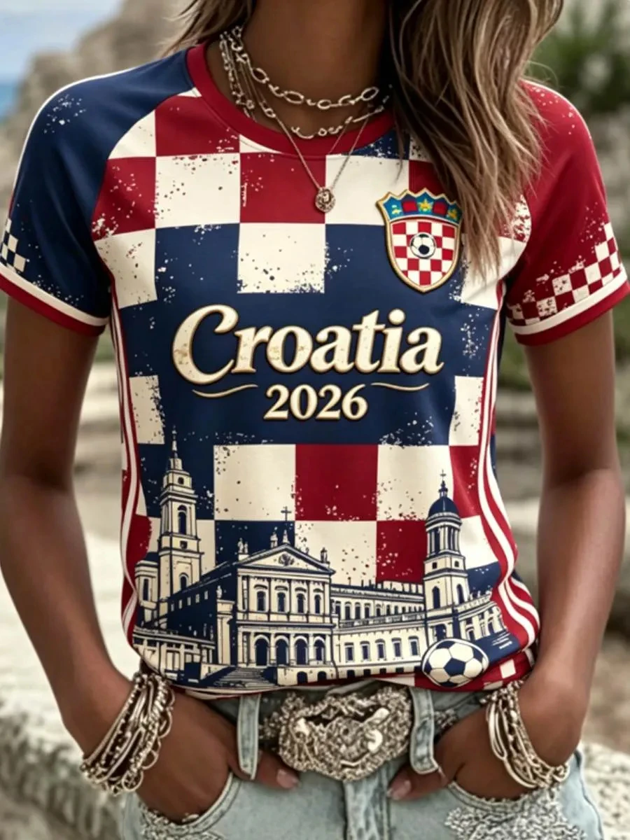 Women's CROATIA 2026 Football O-Neck Short-Sleeve T-Shirt Football Cultural T-shirt