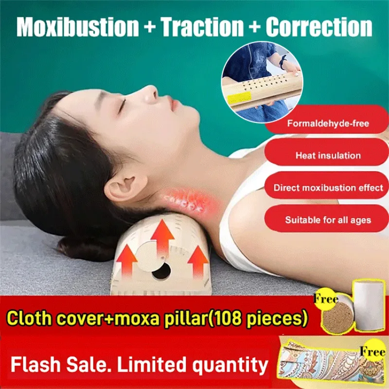 Health Protective Pillow for Neck  with Solid Wood and Moxibustion Treatment