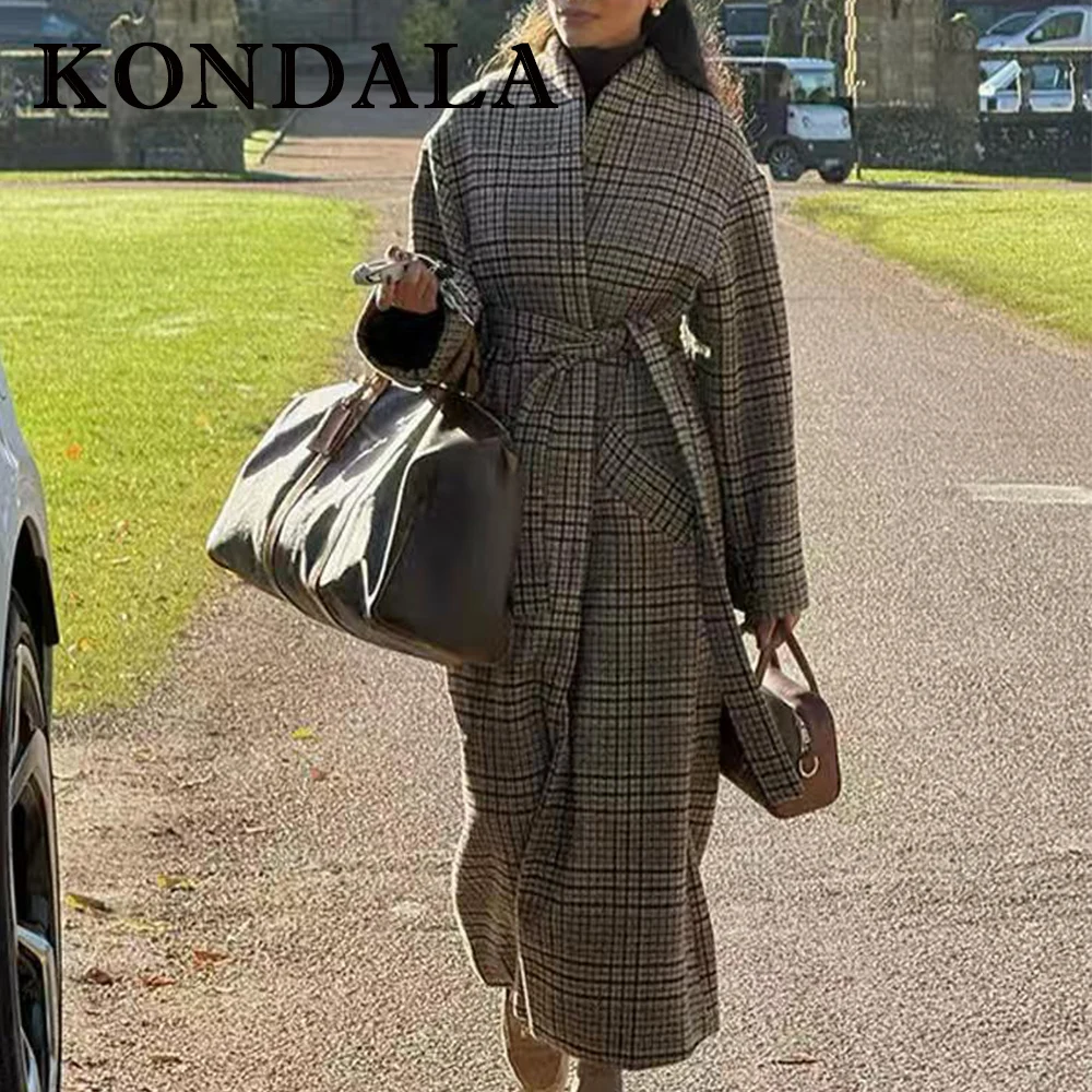 

KONDALA Vintage Autumn Plaid Casual Woman Long Trench Single Breasted Streetwear Fashion 2025 Winter Coat Belt Mujer Outwear