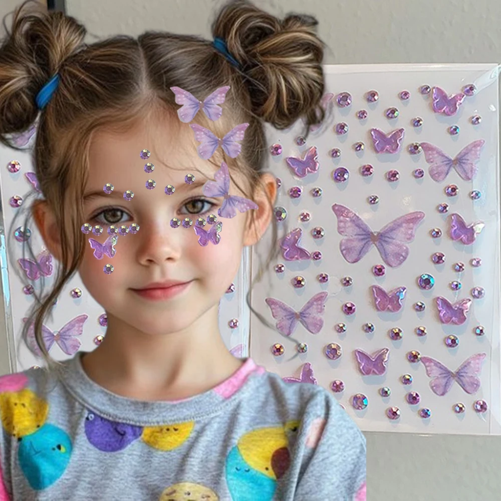 3D Cute Facial Stickers Kid Stage Makeup Self-Adhesive Butterfly Crystal Diamond Stickers Christmas Halloween Gift For Kids