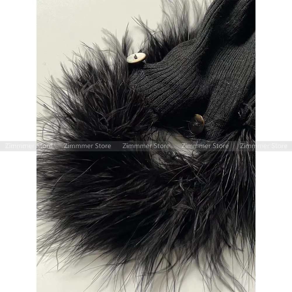 Spring and autumn spicy girl style removable black ostrich hair splicing wool blend ribbed knit short cardigan