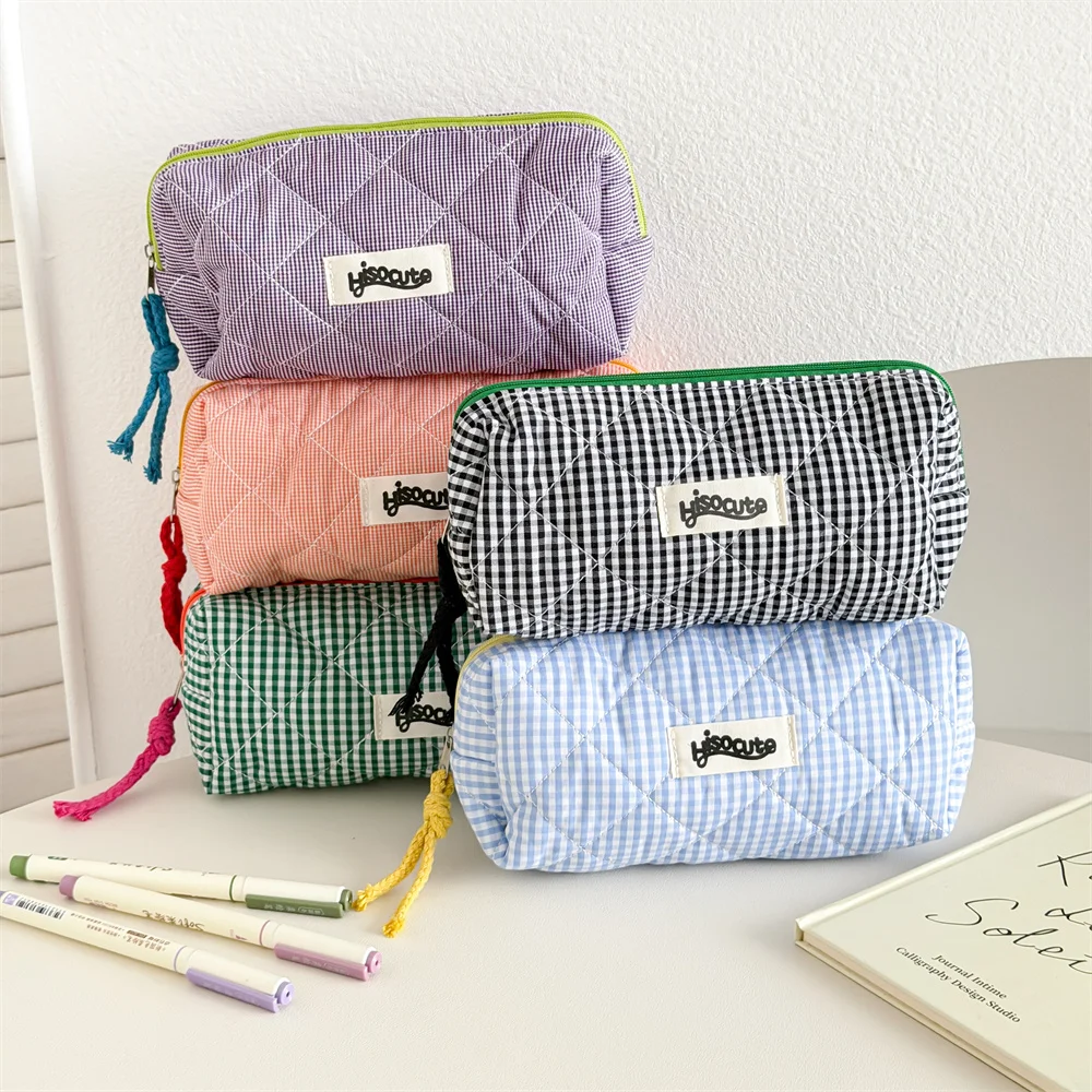 Y2K Simple Solid Color Checkered Pencil Case Large Capacity Portable Storage Pen Bag Student Back to School Stationery Supplies