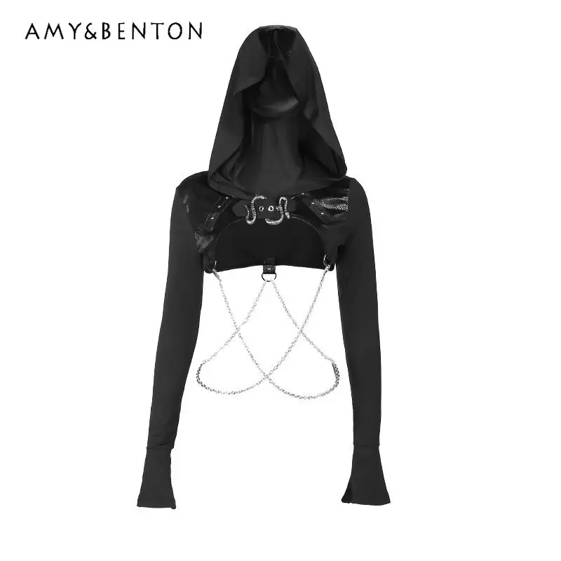 

Spring and Autumn Dark Gothic Punk Street Style Women's Snake Buckle Chain Fitted Short Thin Hooded Long Sleeve Coat