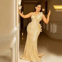 Robe de Soirée de Forme Sirène à Paillettes, Tenue de Bal Transparente, avec des Appliques de Fleurs, Aso Ebi, à Lacets dans le Dos, Grande Taille