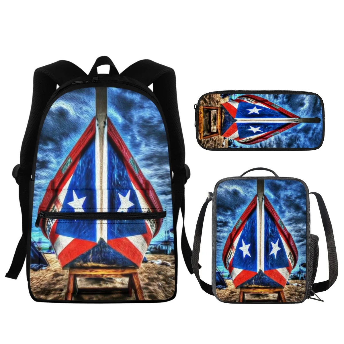 

FORUDESIGNS Student Backpacks Plus Shoulder Lunch Bag School Supplies Pencil Case Puerto Rico Flag Stylish Design 3Pcs/Set