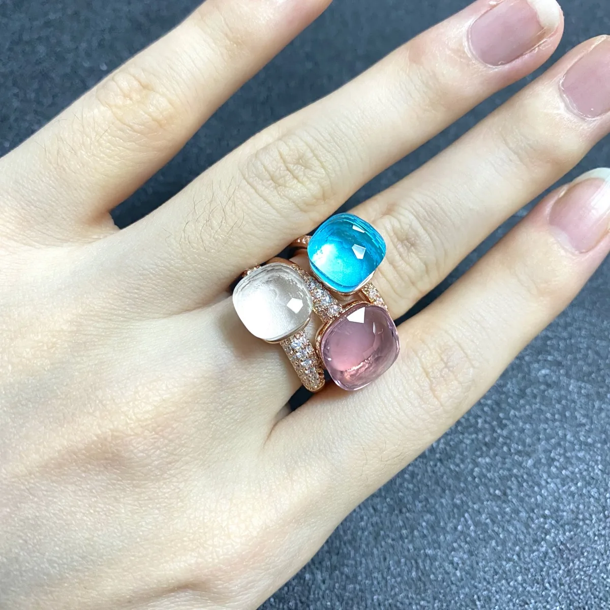 3Pcs/Set ClassicCandy Color Square Ring Stacked Inlay Zircon Rose Gold Plated Pink Crystal Ring For Women Jewelry Gift