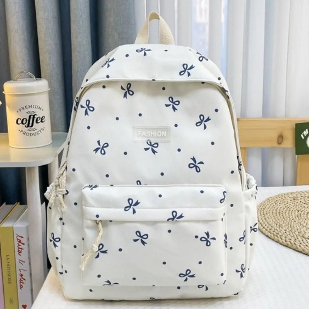 Nylon Material Bow Print Backpack Adjustable Straps Multi-Pocket Large Capacity School Bag Reinforce Structure Harajuku
