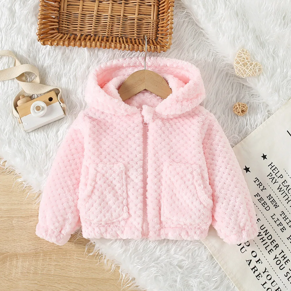 Casual Fur Girls\' Coat Autumn And Winter Girls\' Diamond Grid Fur Solid Color Cute Ear Hooded Zipper Jacket