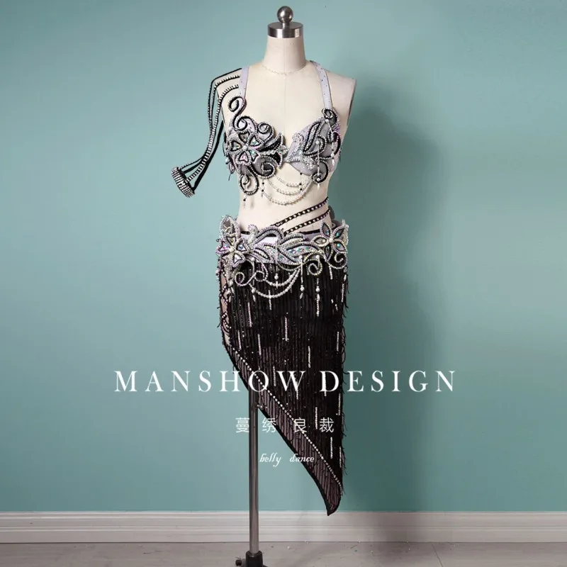 Customized Belly Dance Inspirational Performance Costume Heavy Industry Dynamic Tassel Triangle Short Skirt Competition Dress