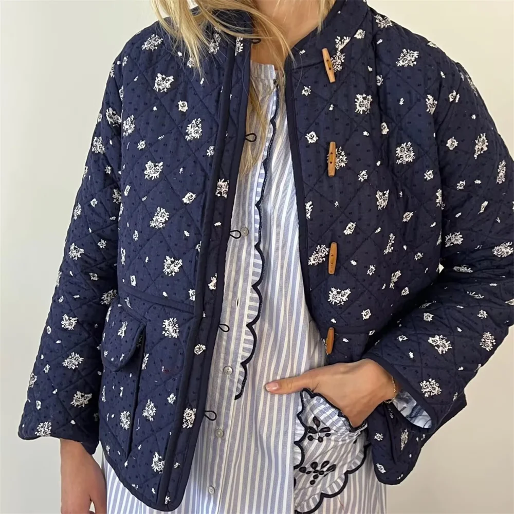 

Осенний новый продукт, женская мода для отдыха, универсальная однобортная хлопковая куртка в стиле ретро с декоративным принтом
