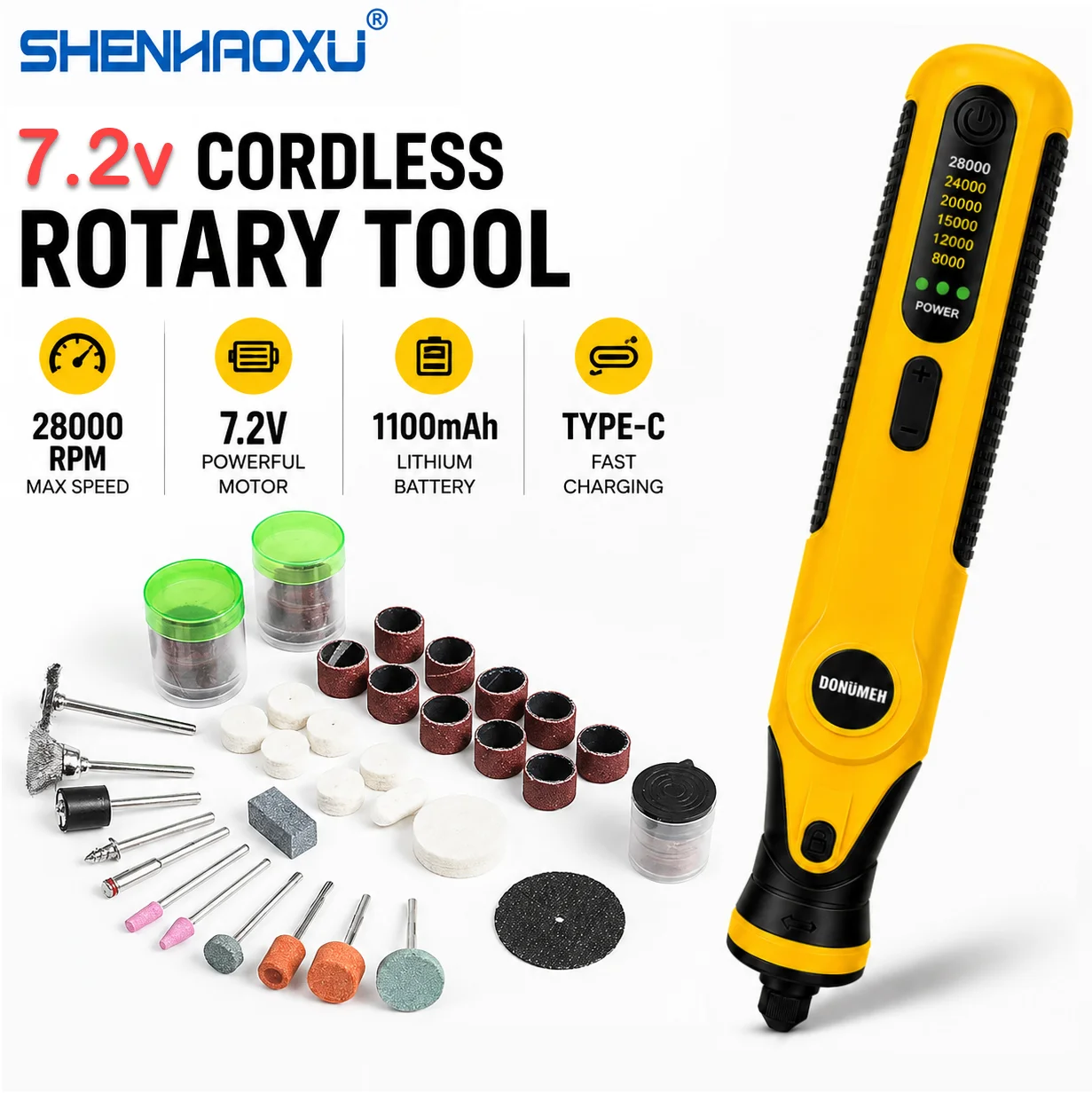 7.2V Cordless Rotary Tool Kit 28000RPM Mini Electric Grinder 6-Speed USB Type-C Rechargeable Engraving Polishing Drilling Tool