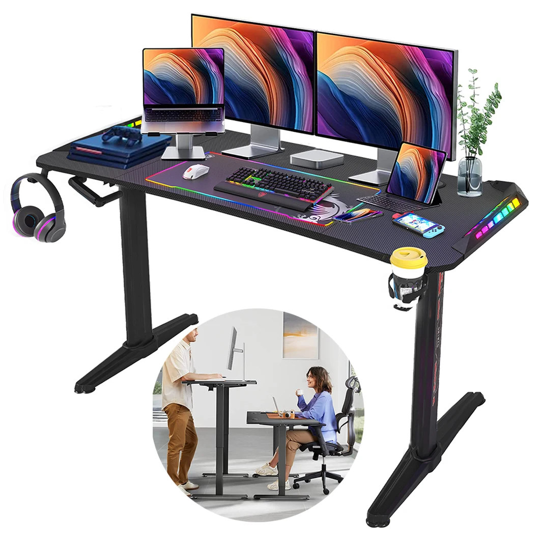 Ergonomiczne biurko RGB, stół podnoszony, stacja robocza stojąca z uchwytem, regulowana wysokość, biurko komputerowe, 160 cm