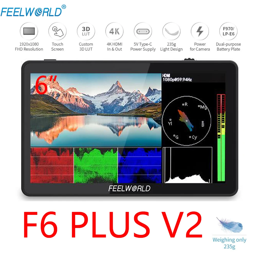 FEELWORLD Monitor F6 PLUS V2 6 Inch Camera DSLR Field Monitor 3D LUT Touch Screen IPS FHD 1920x1080 Video Support 4K HDMI