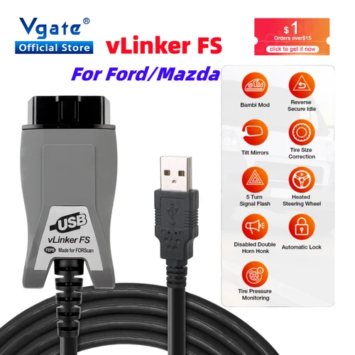 Vgate vLinker FS ELM327 para Ford FORScan HS MS CAN ELM 327 OBD 2 OBD2 herramientas de interfaz de escáner de diagnóstico de coche OBDII para Mazda