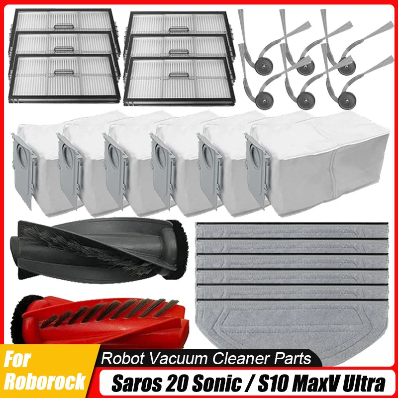 Repuestos para Robot Aspirador Roborock Saros 20 Sonic / S10 MaxV Ultra: Cepillo Principal, Cepillo Lateral, Filtro, Paño de Limpieza, Bolsa para Polvo