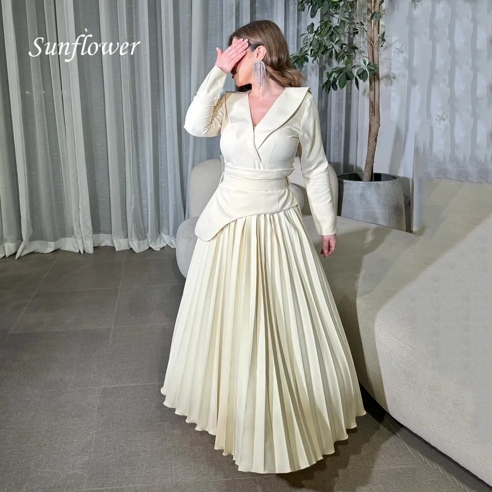 

Sunflower Simple V-Neck Crepe A-LINE Formal Evening Dress Saudi Arabia 2024 Slim Long Sleeve Floor-Length Prom Dress