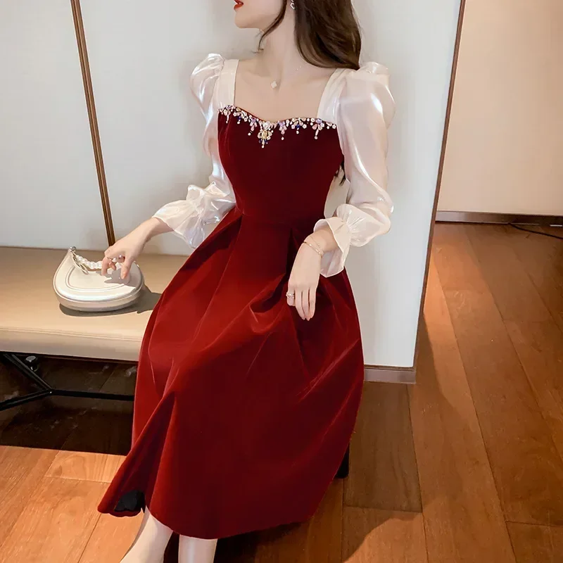 

Red Velvet Satin Luxury Elegant Dress Women Spring Winter Evening Bodycon Dresses Korean Vintage Party Dress Wedding Clothing
