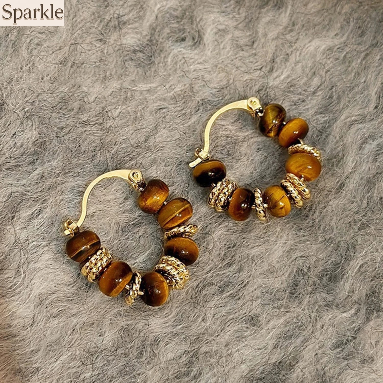

Vintage Brown Resin Tiger Eye Stone Dangle Earrings Handmade Beads Women's Personality Jewelry Maillard Color
