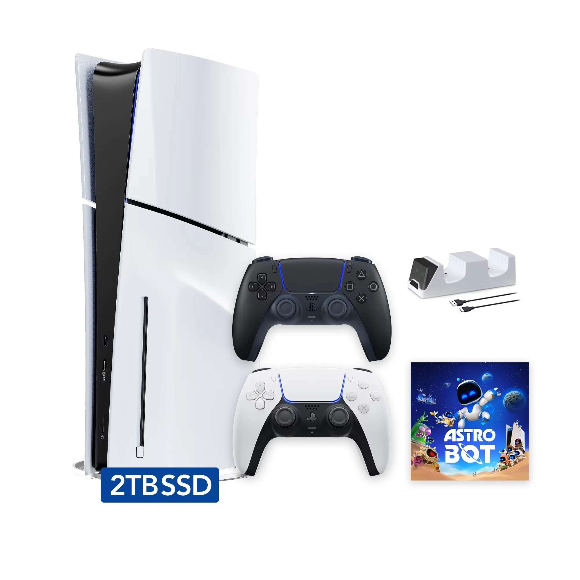 

Комплект PlayStation 5 Slim Disc SSD емкостью 2 ТБ ASTRO BOT с двумя контроллерами, белый и полуночный черный DualSense и зарядное устройство