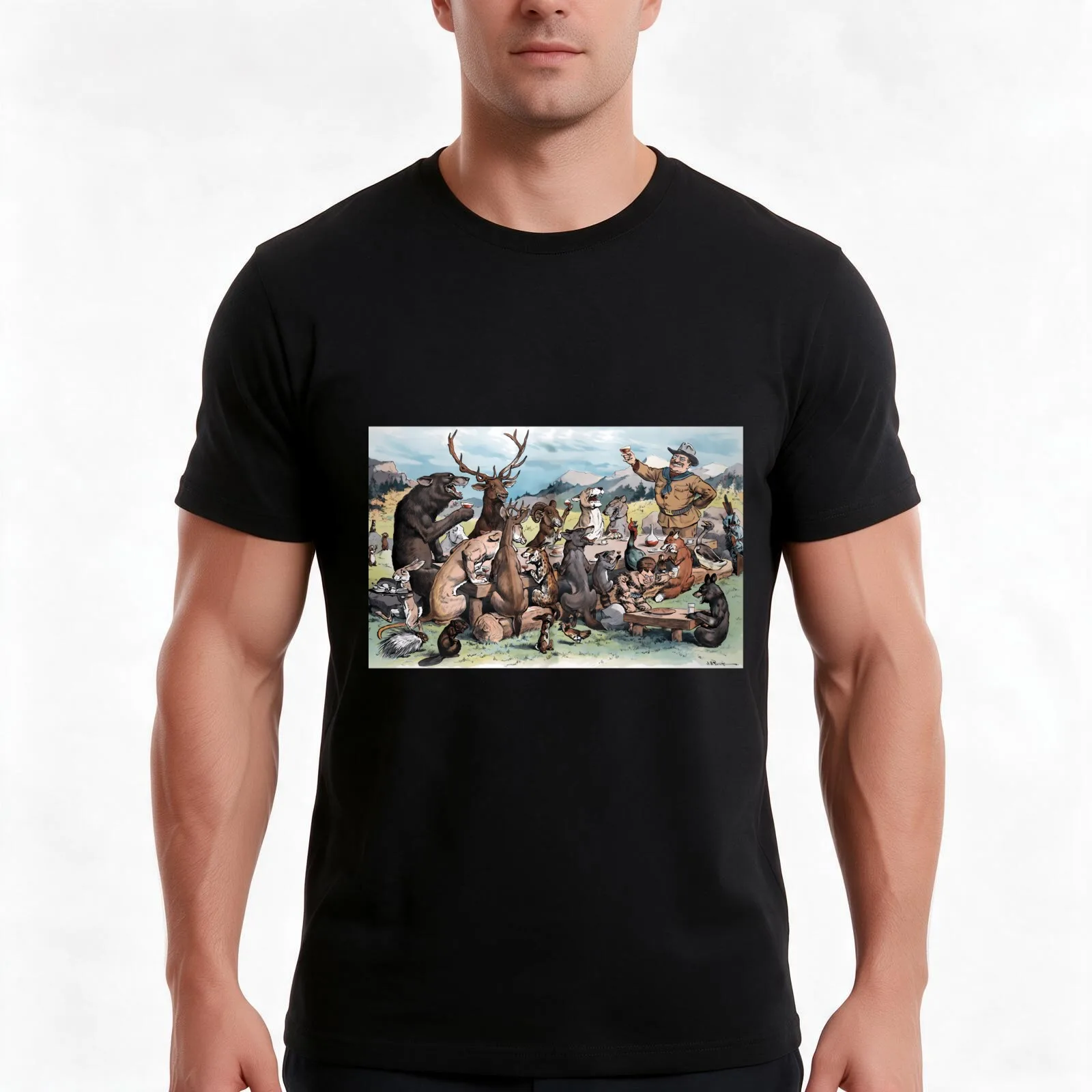 J. S. Pughe - Teddy Roosevelt at Thanksgiving Feast Art Print T-Shirt, Summer Casual Cotton Tee, Oversized Streetwear Tops