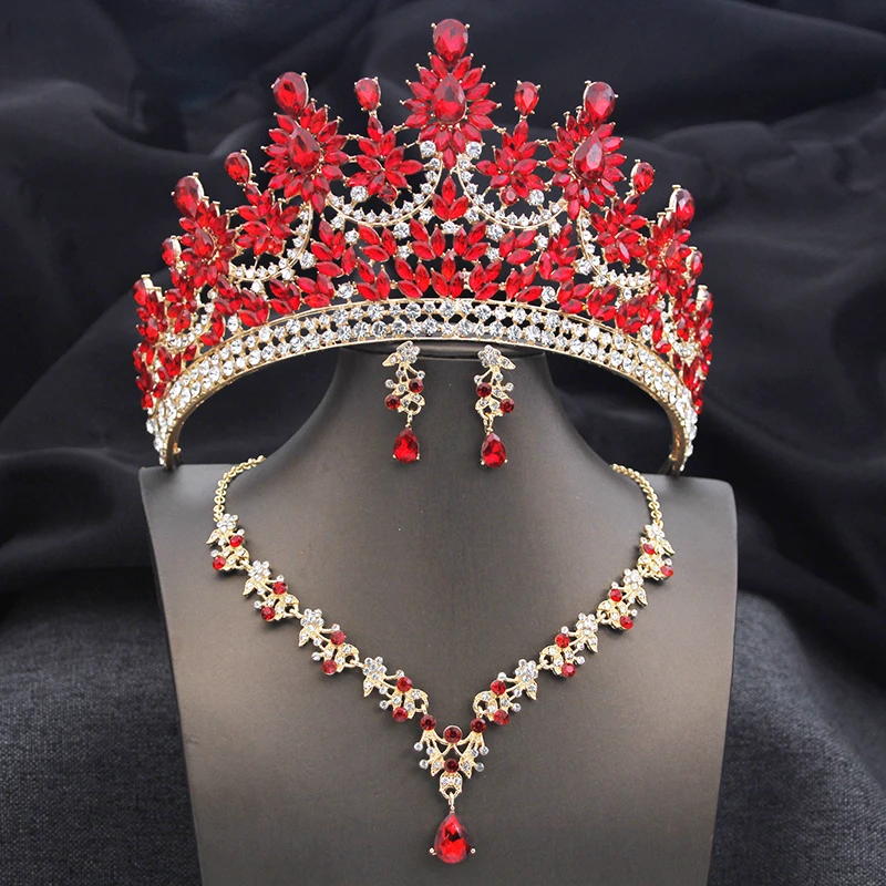 Luxury Wedding Crown for Bride 3 Pcs Tiara and Earrings Necklace Bridal Jewelry Sets Party Prom Costume Jewelry Accessories