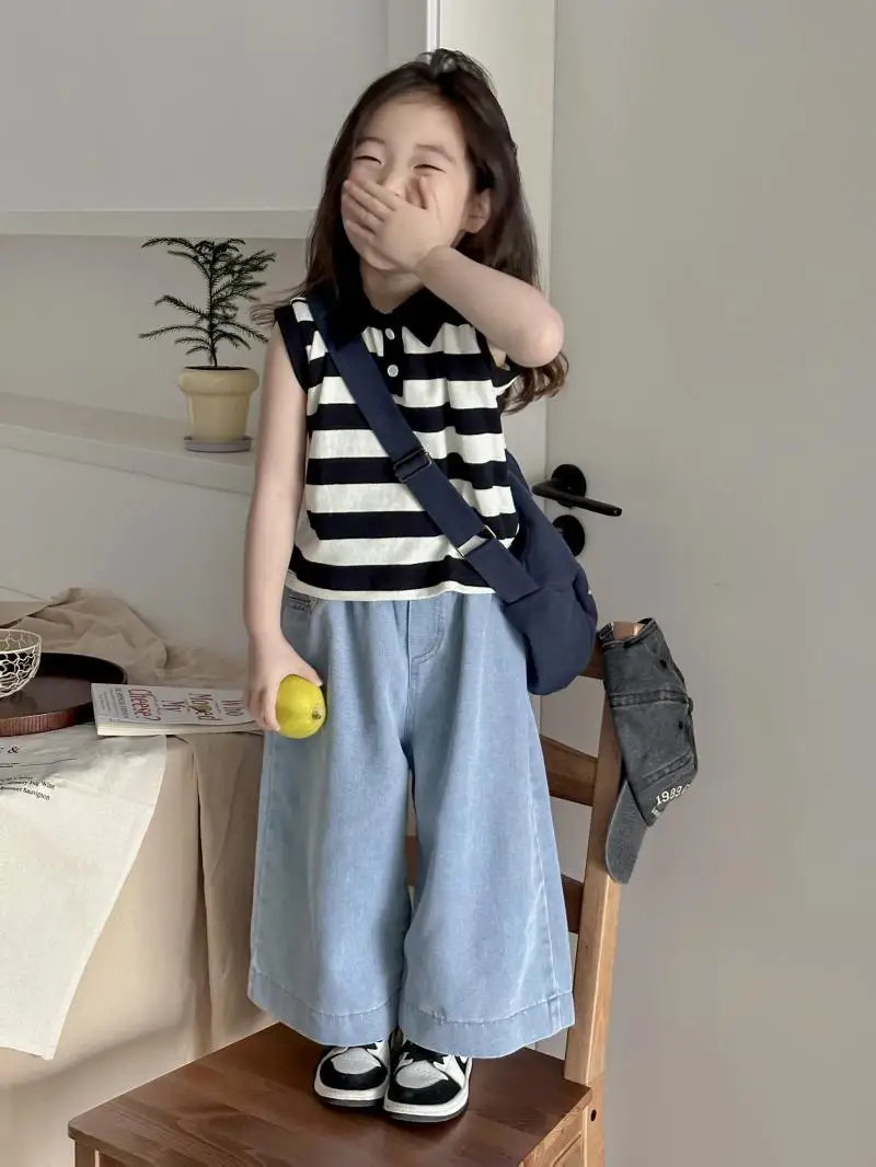 

Girls' Summer Clothes Set Fashion New Children's Sleeveless Knitted Top+Cowboy Wide Leg Pants Two Piece Set