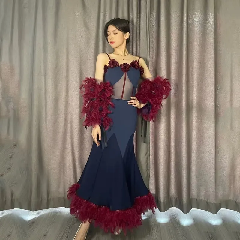 Vrouwen Nationale Standaard Dans Jurk Veren Mouwen Moderne Dans Kleding Sexy Backless Ballroom Danswedstrijd Jurk DN14480