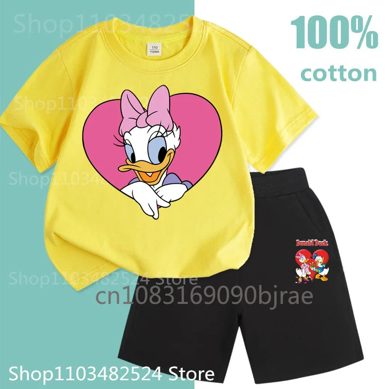 Fashion Kids Printing T-shirt Daisy Daisy Duck Pattern 100% Cotton Sets Boys Casual Round Neck Short Sleeve Girl Sets For Summer