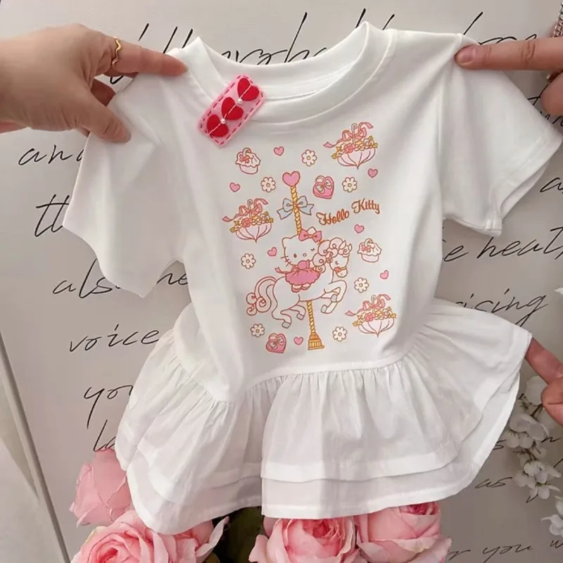 

New Sweet Kawaii Sanrio Hello Kitty Anime Short Sleeved Children Shirt Cute Fashionable Cartoon Summer Lace Hoodie Clothes Gifts