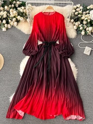 Spring Autumn Women Red/Blue/Green Gradient Draped Long Dress Vintage Round Neck Puff Sleeve High Waist Pleated Robe 2024 New