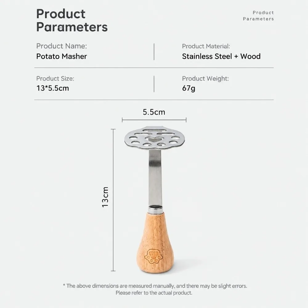 Stainless Steel Head Potato Masher Curved Shaft Wooden Handle Food Mashing Tool Hole Punched Plate Ergonomic Grip
