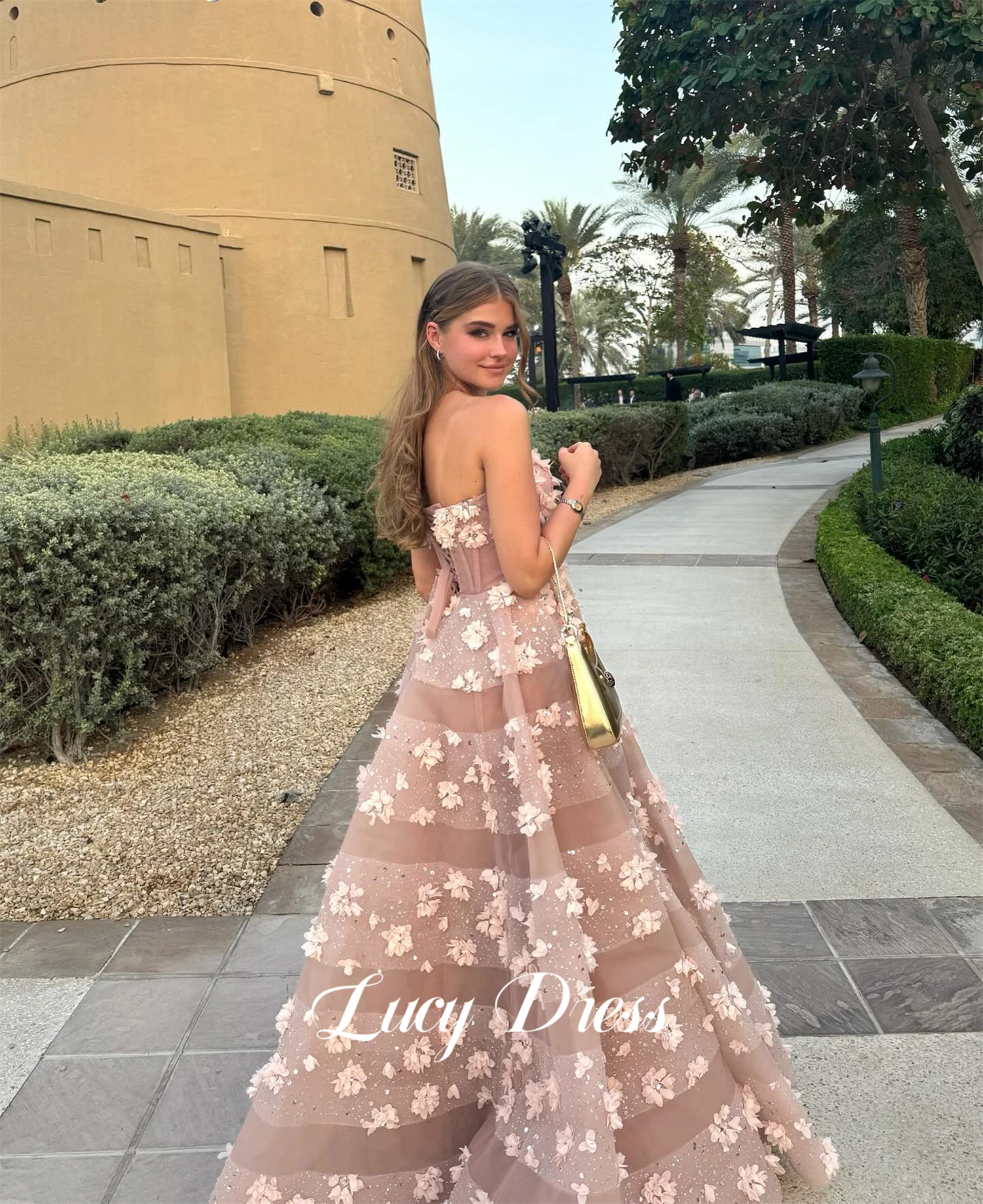 Lucy Customized Graduation Gown Pink Birthday Party Dress Floral Fabric Prom Evening Dresses for Special Occasions Ball Gowns