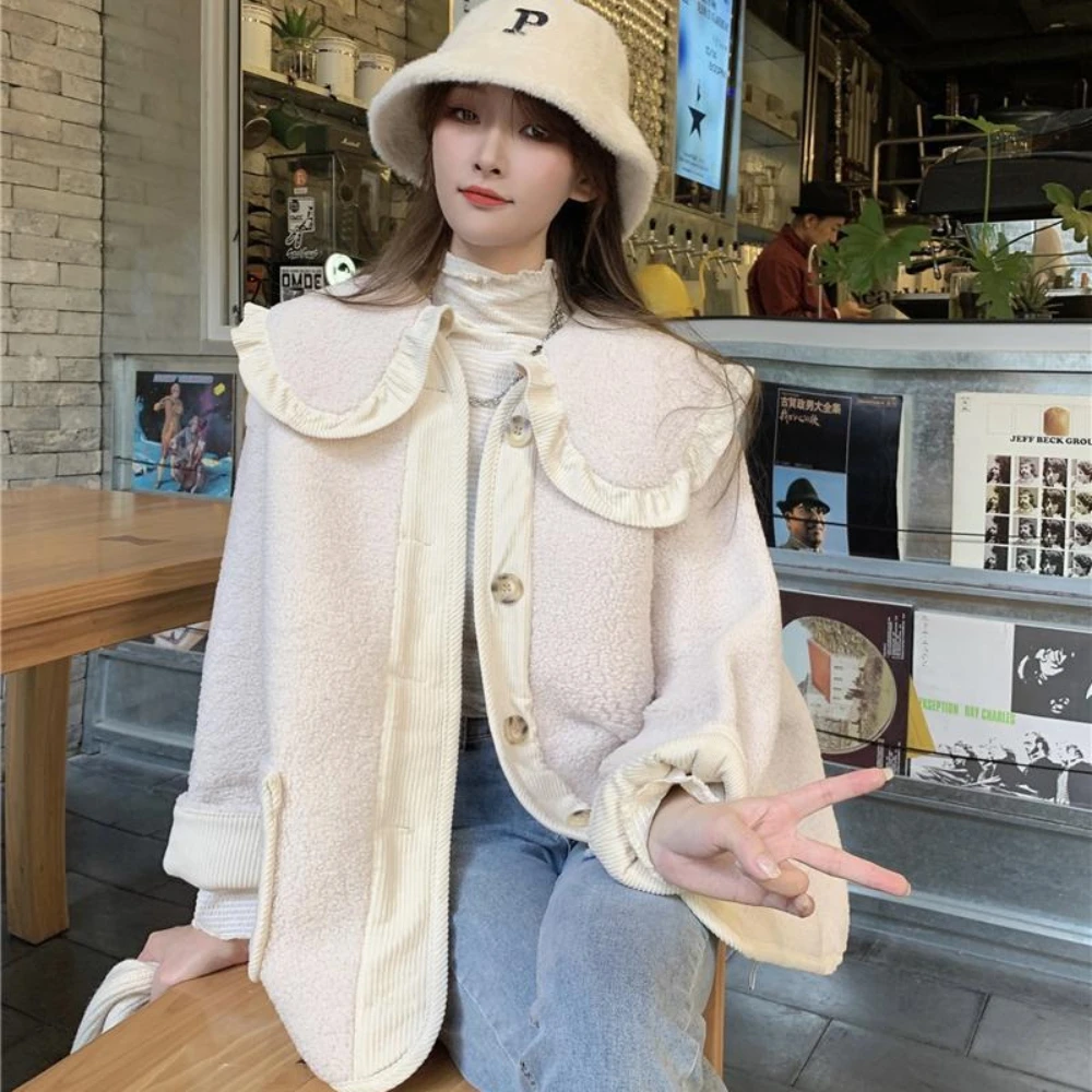 Plus Velvet Thicker Preppy Style Peter Pan Collar Parkas Women Casual Sweet Lovely Coat Lambswool Harajuku Y2k Pockets Girls