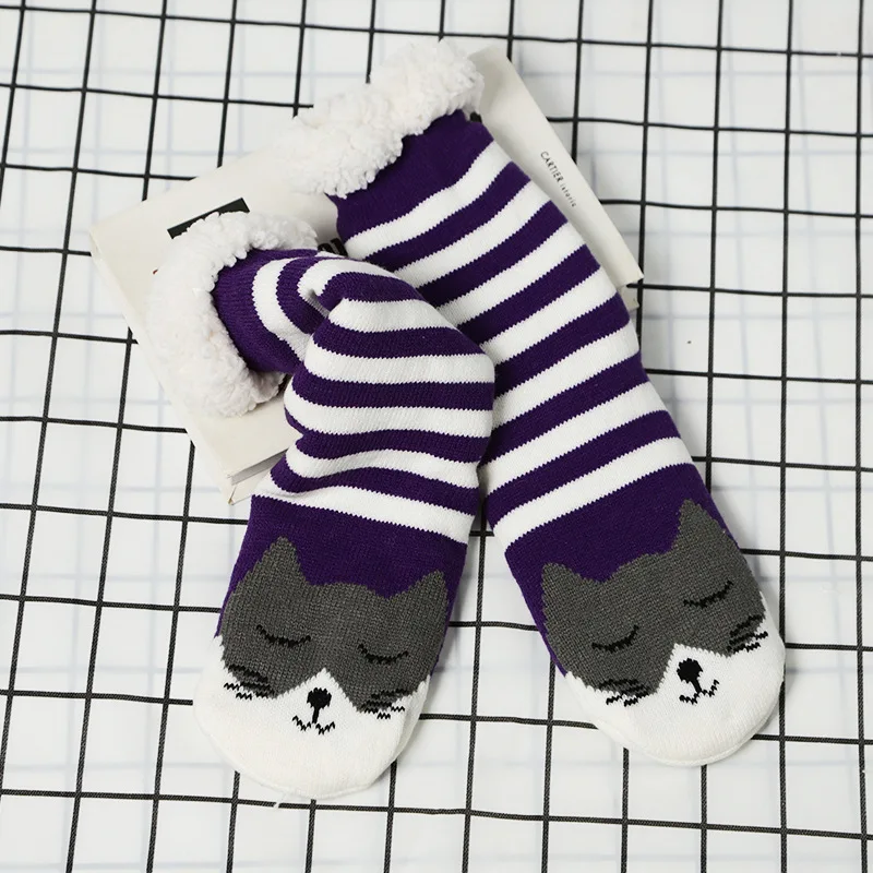 Fuzzy thermal Socks Women Winter Funny Cat Dog Cute Kawaii Non Slip Cartoon Sleeping Soft Comfy Female Floor Slippers Sock