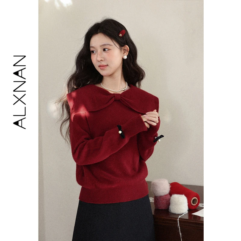 ALXNAN Red Bow Tie Sweater Women 2026 New Fashion Long Sleeve Knitted Pullover Fall Winter Christmas Loose-fit Casual Top L59726