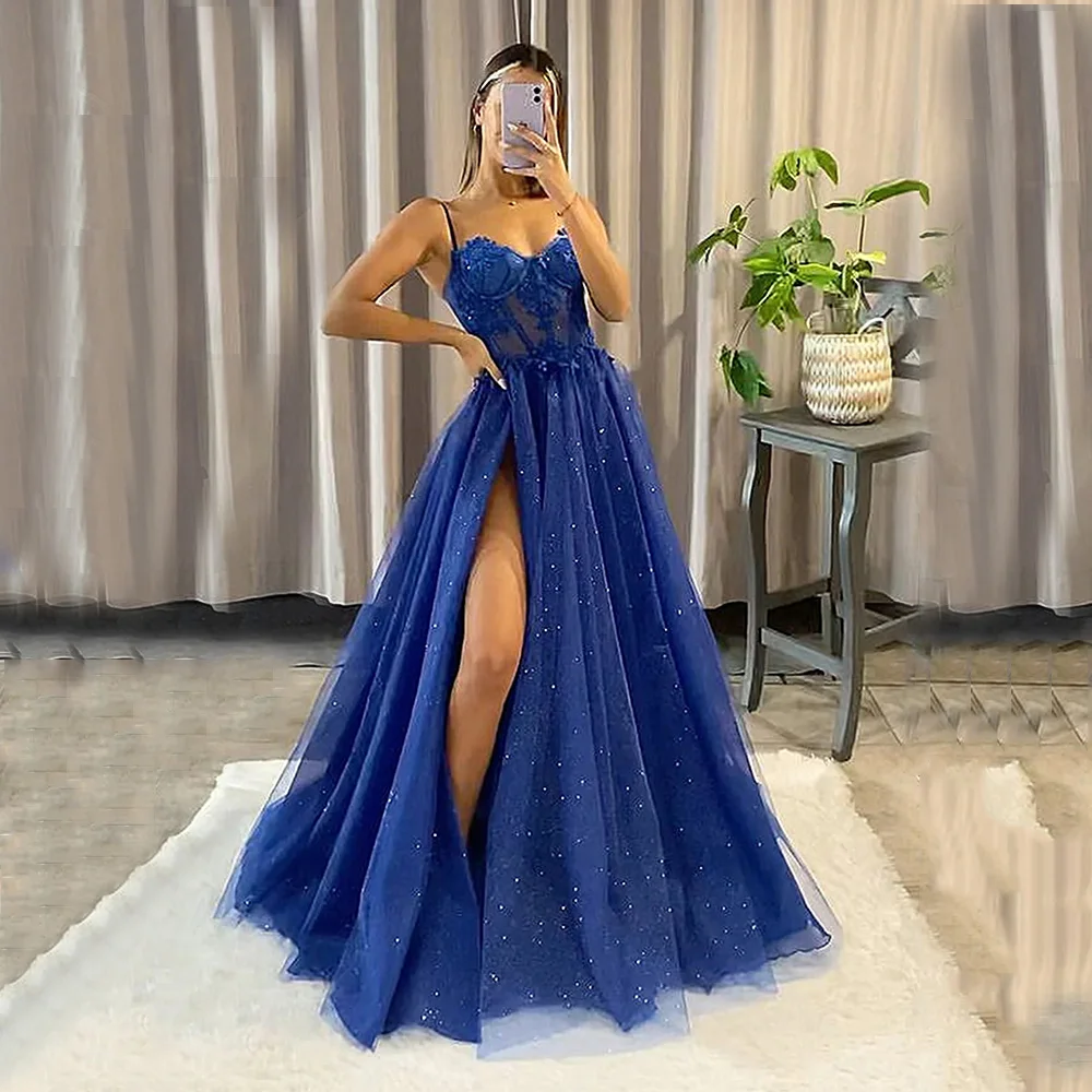 Blue Pastrol Evening Dress Square Collar Sleeveless Prom Dress Lace Applique Side Split A-Line Vestidos De Ocasión Formales