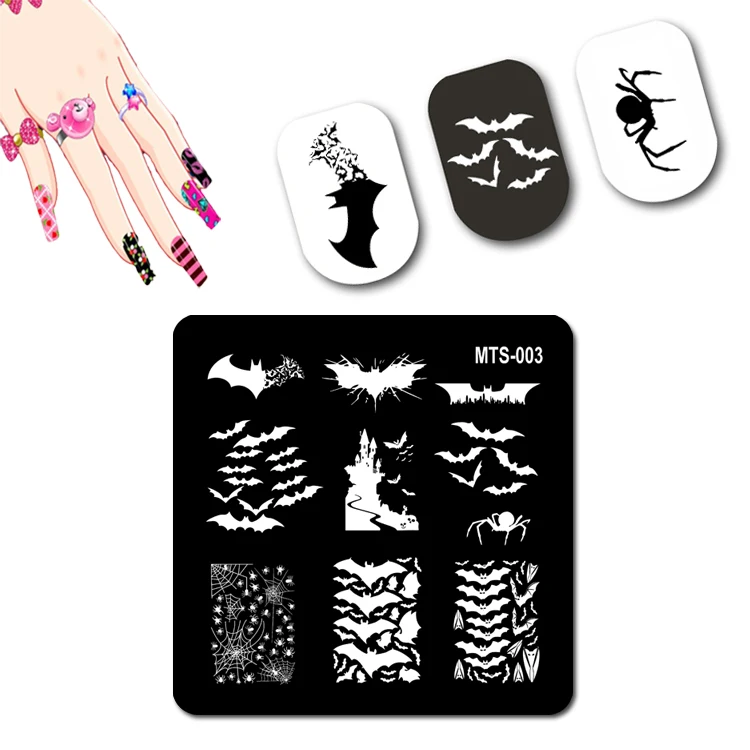 Black Bats Nail Stamp Plate Collective Spider Nail Art Stamper Spider Web Figure Stamping Template For Nails Decoration #MTS-003