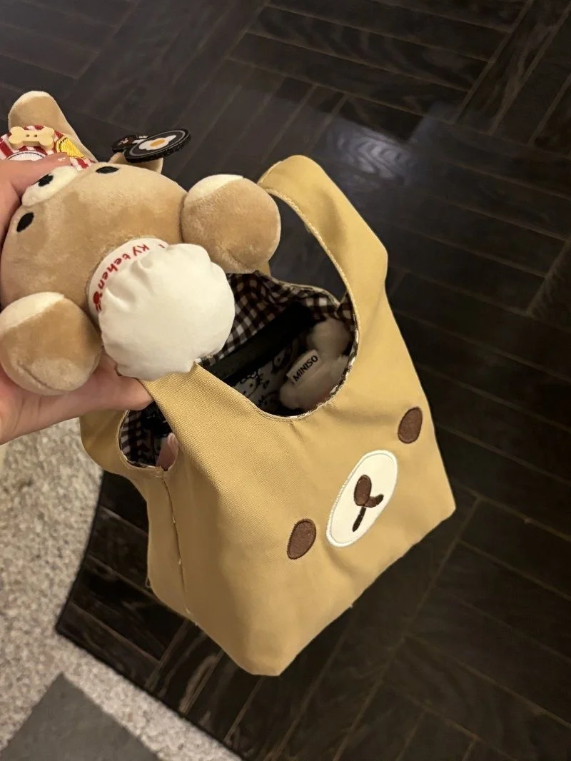 

Холщовая сумка на запястье с медведем Rilakkuma, ручная маленькая вместительная сумка для ежедневного хранения телефона, милый подарок с героями мультфильмов для женщин и девочек