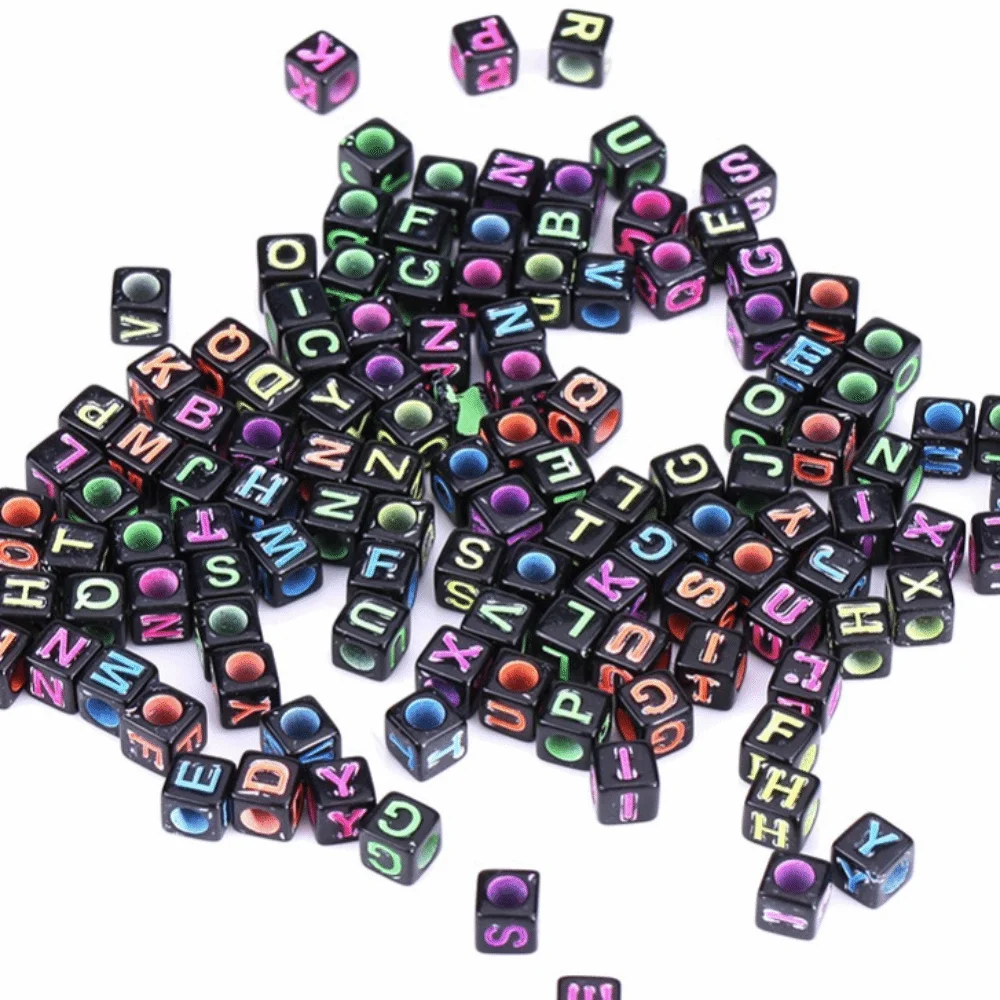 500Pcs 6x6mm Cube Alphabet Letter Beads Colorful Letters Plastic Material Plastic Letter Beads Black Color Mixed Letter Beads
