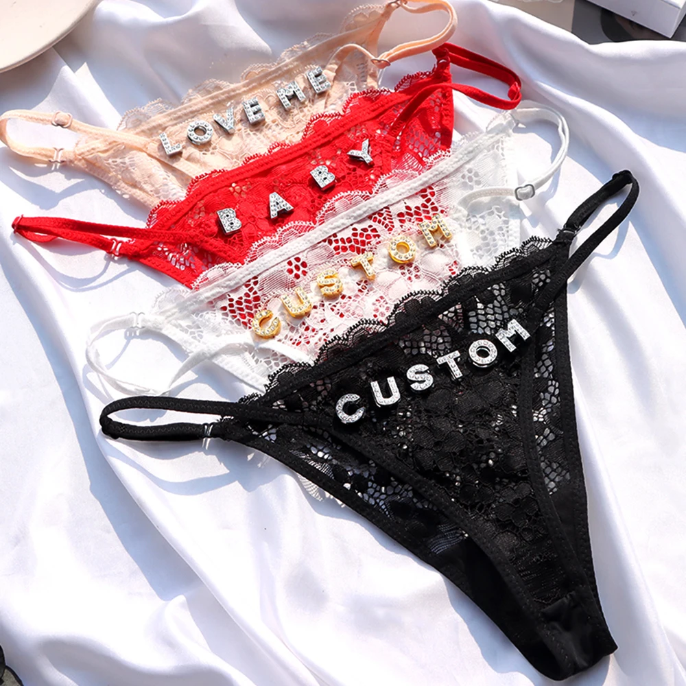 New Hollow Lace Thongs Panties For Women Customize Crystal Letter Name G-string Thong Female Underwear Underpants Birthday Gifts