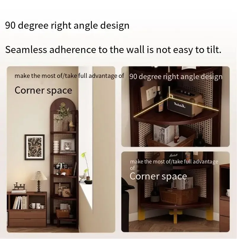 For Mid-Century Rattan Corner Shelf, L-Shaped Storage Cabinet for Wall, 90° Triangle Organizer with Multiple Tiers
