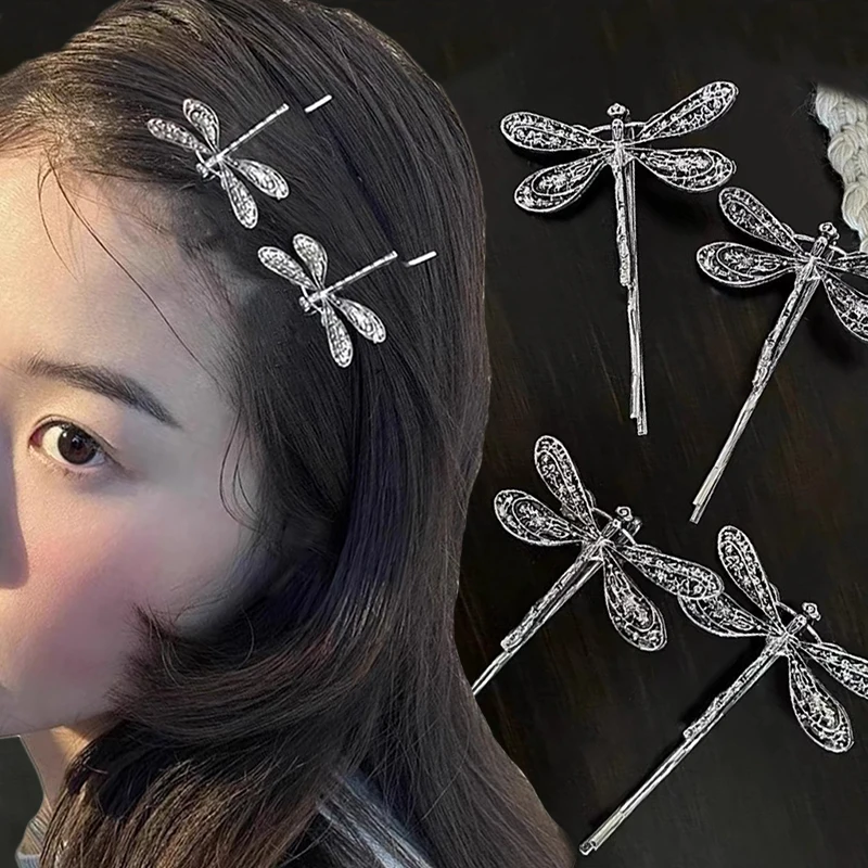 Vintage Trend Silver Color Dragonfly Hairpins Retro Elegant Side Hair Clip for Women Headwear Hair Pin Jewellery Decoration Gift