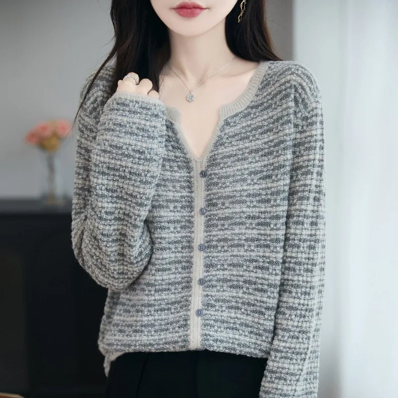 French Style Color Contrast V Neck Knit Cardigan Women Elegant Slim Fit Soft Sweater