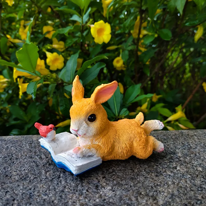 Adorable Rabbit Reading Garden Ornament- Animal Figurine for Window Sill Bonsai & Kindergarten