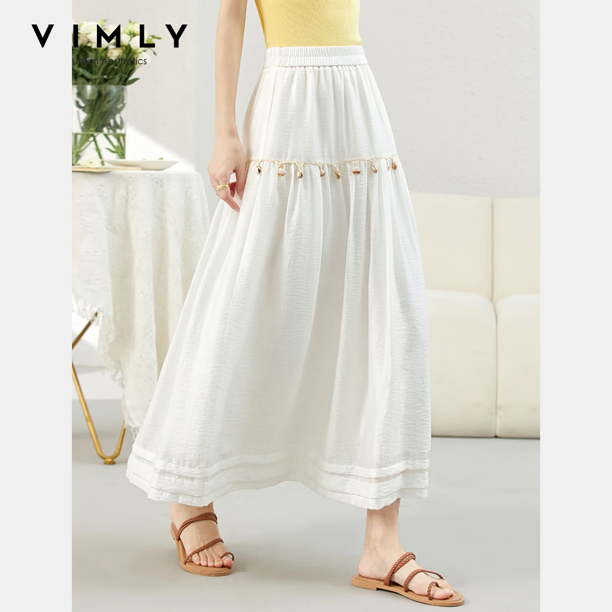 VIMLY Midi Skirts Women's Summer Bohemian 2025 Summer Bohemian Shell Woven White Loose Casual Bud Skirt Woman Clothing A1893