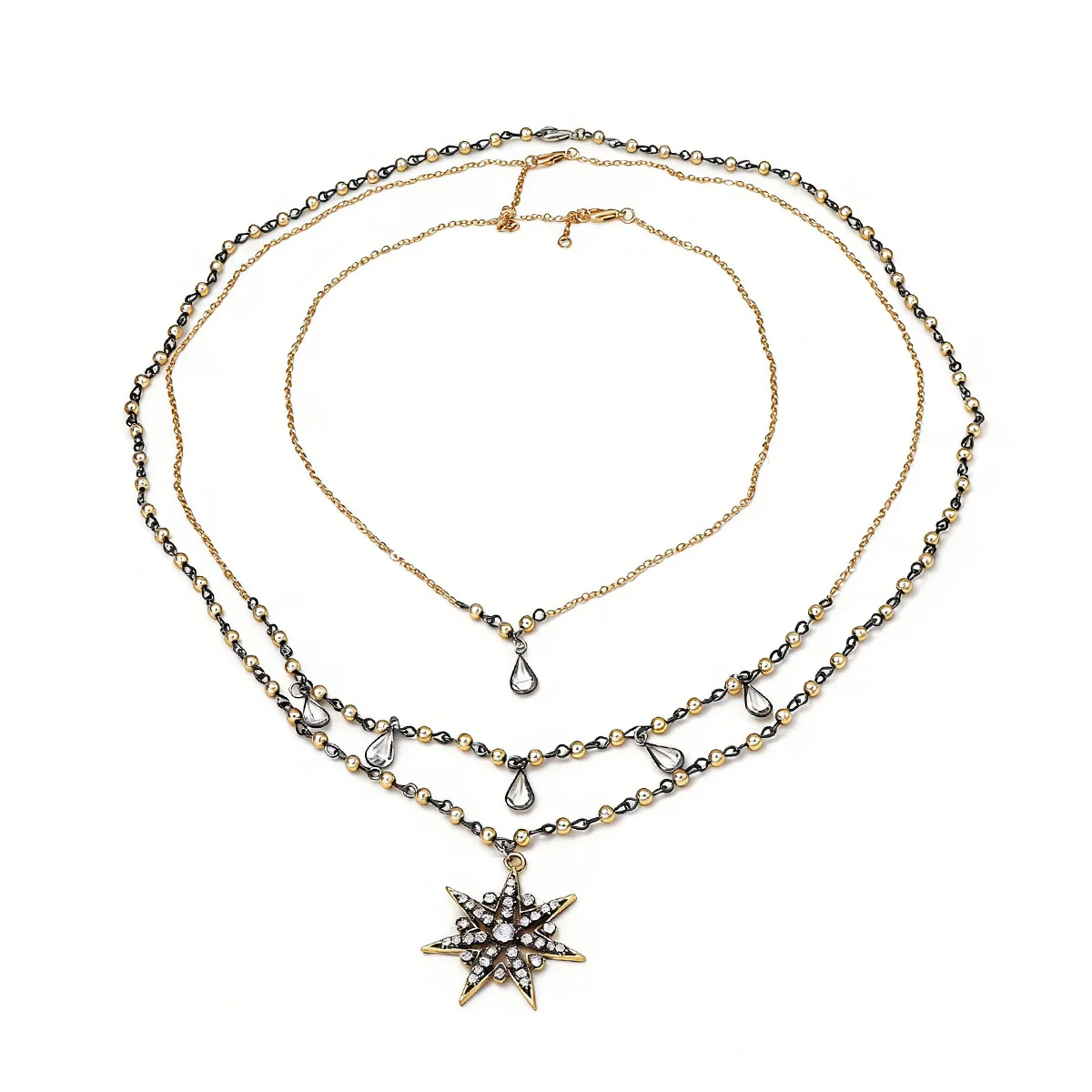 3-teiliges Set Vintage Metallperlen-Ketten Strass-Stern-Anhänger Halsketten für Damen Mode Urlaub Party Schmuck Geschenke – Detail 5